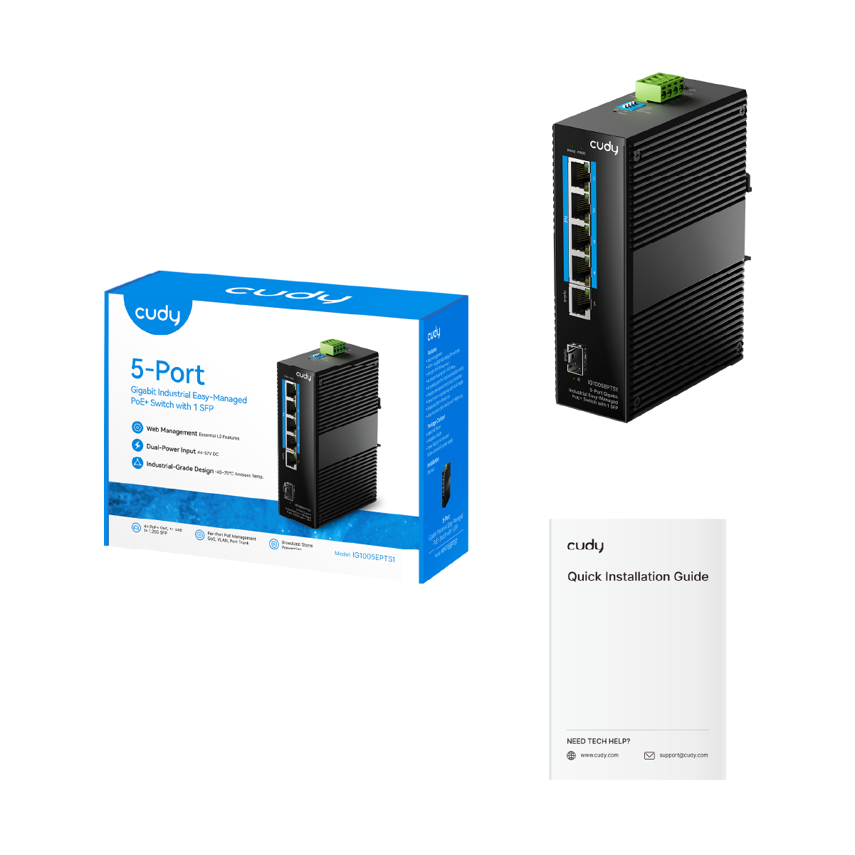 5-Port Gigabit Industrial Easy-Managed PoE+ Switch with 1 SFP, IG1005EPTS1 1.0