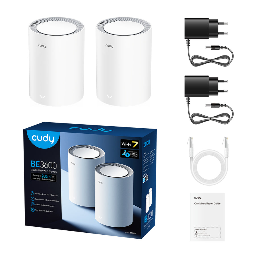 Sistema Mesh Cudy M3600 BE3600 WiFi 7 2-Pack con accesorios