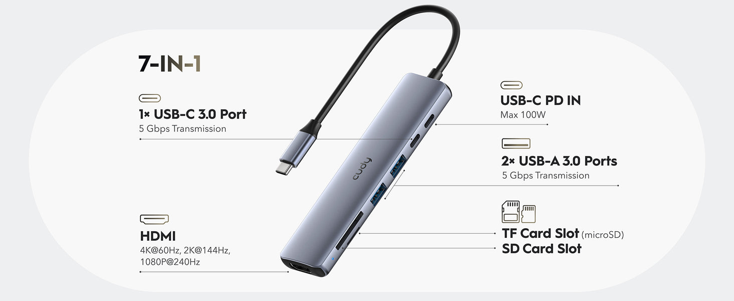 רכזת 7 ב-1 USB-C UH407 עם חיבור HDMI וקורא כרטיסים SD\TF מבית Cudy