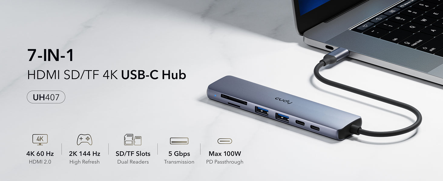 רכזת 7 ב-1 USB-C UH407 עם חיבור HDMI וקורא כרטיסים SD\TF מבית Cudy
