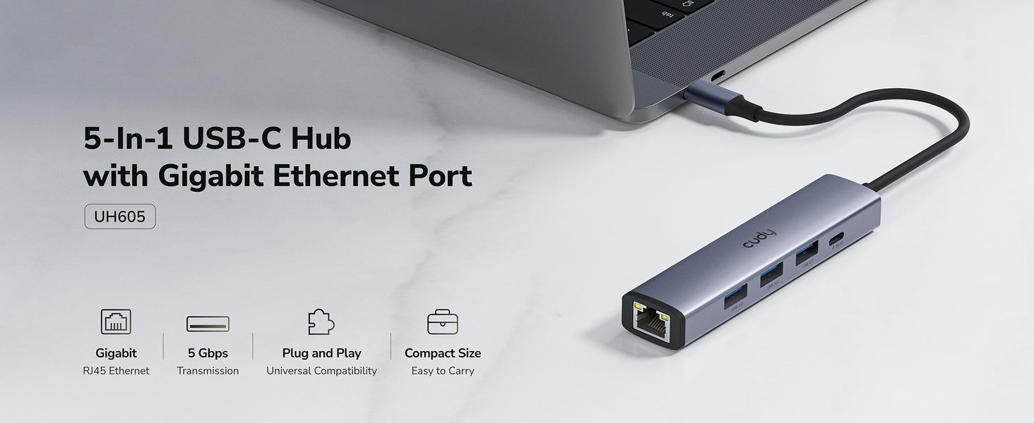 רכזת 5 ב-1 USB-C UH605 עם רשת 1GB