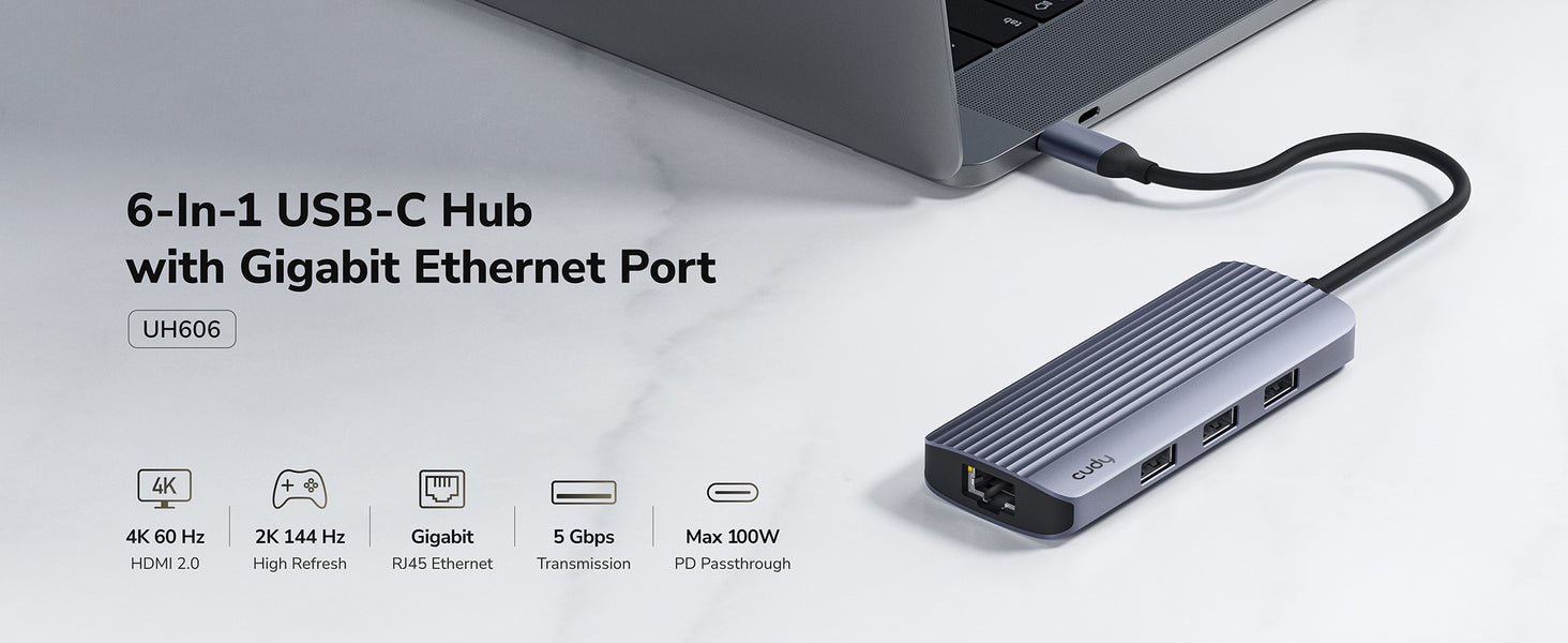 רכזת 6 ב-1 USB-C UH606 עם רשת 1GB